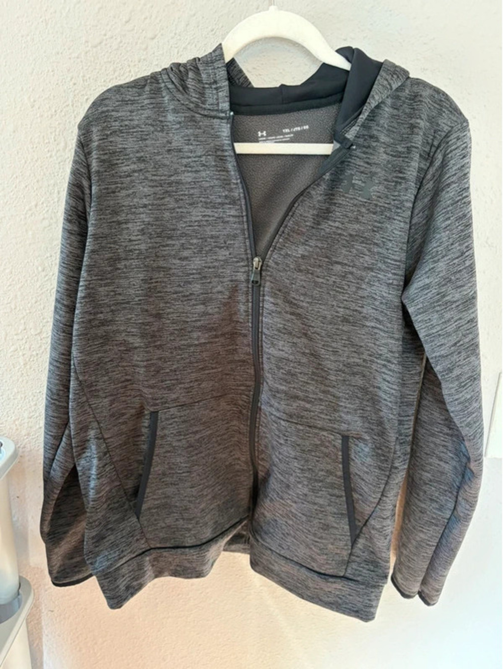 Youth Under Armour heathered grey full zip hooded jacket size YXL loose fit boys